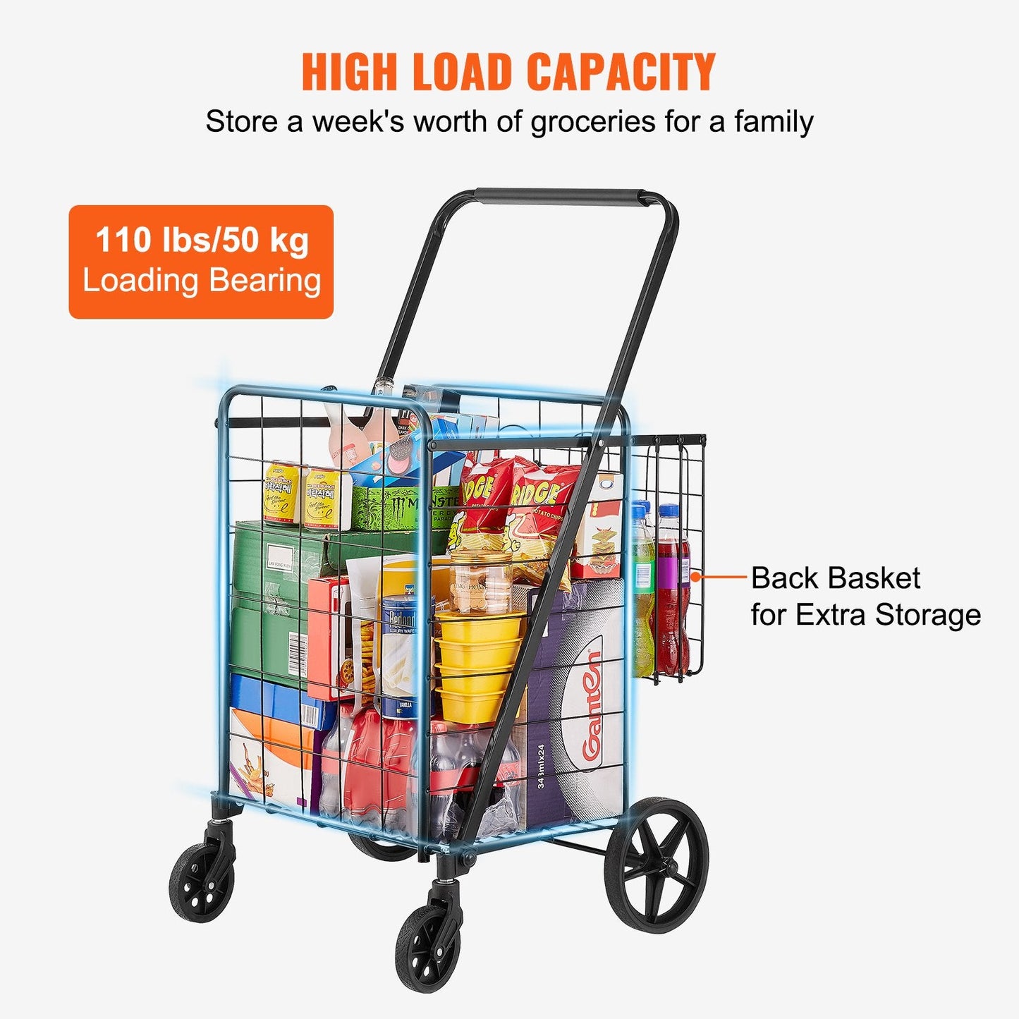 Folding Utility Cart with Double Baskets, 50 kg Capacity, 360° Swivel Wheels