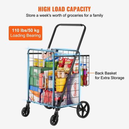 Folding Utility Cart with Double Baskets, 50 kg Capacity, 360° Swivel Wheels