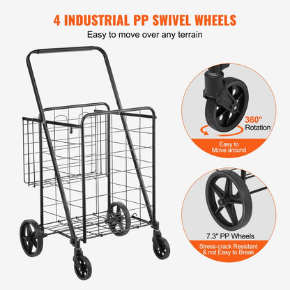 Folding Utility Cart with Double Baskets, 50 kg Capacity, 360° Swivel Wheels