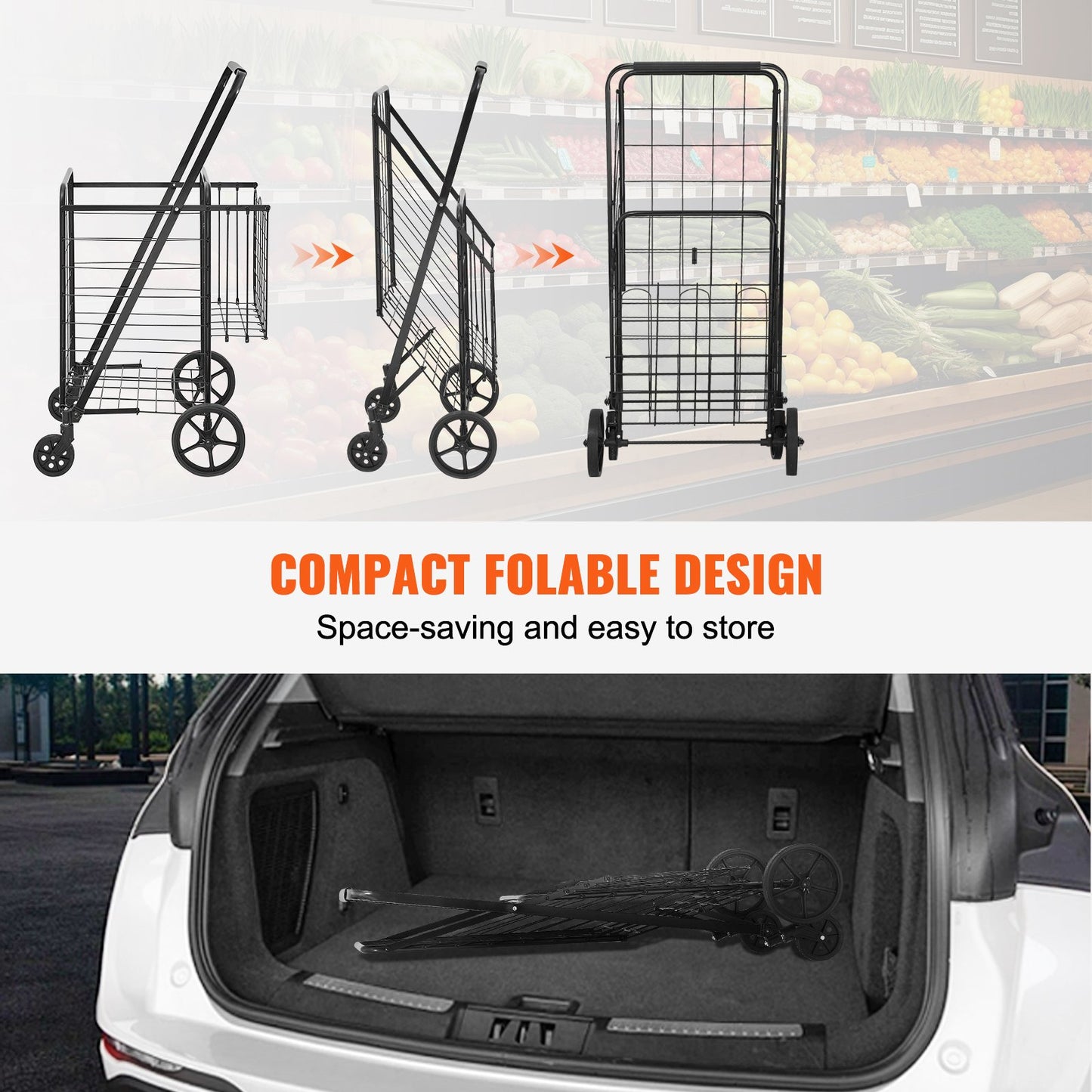 VEVOR Folding Shopping Cart, Jumbo Grocery Cart with Double Baskets, 360° Swivel