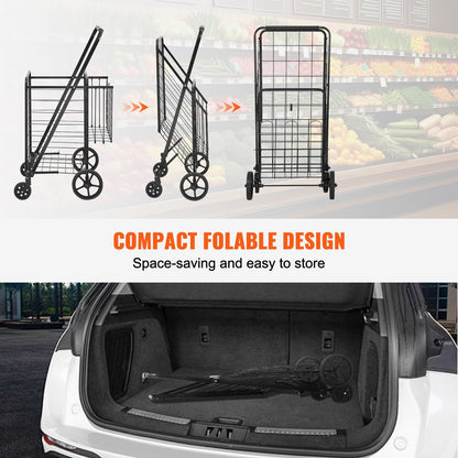 VEVOR Folding Shopping Cart, Jumbo Grocery Cart with Double Baskets, 360° Swivel