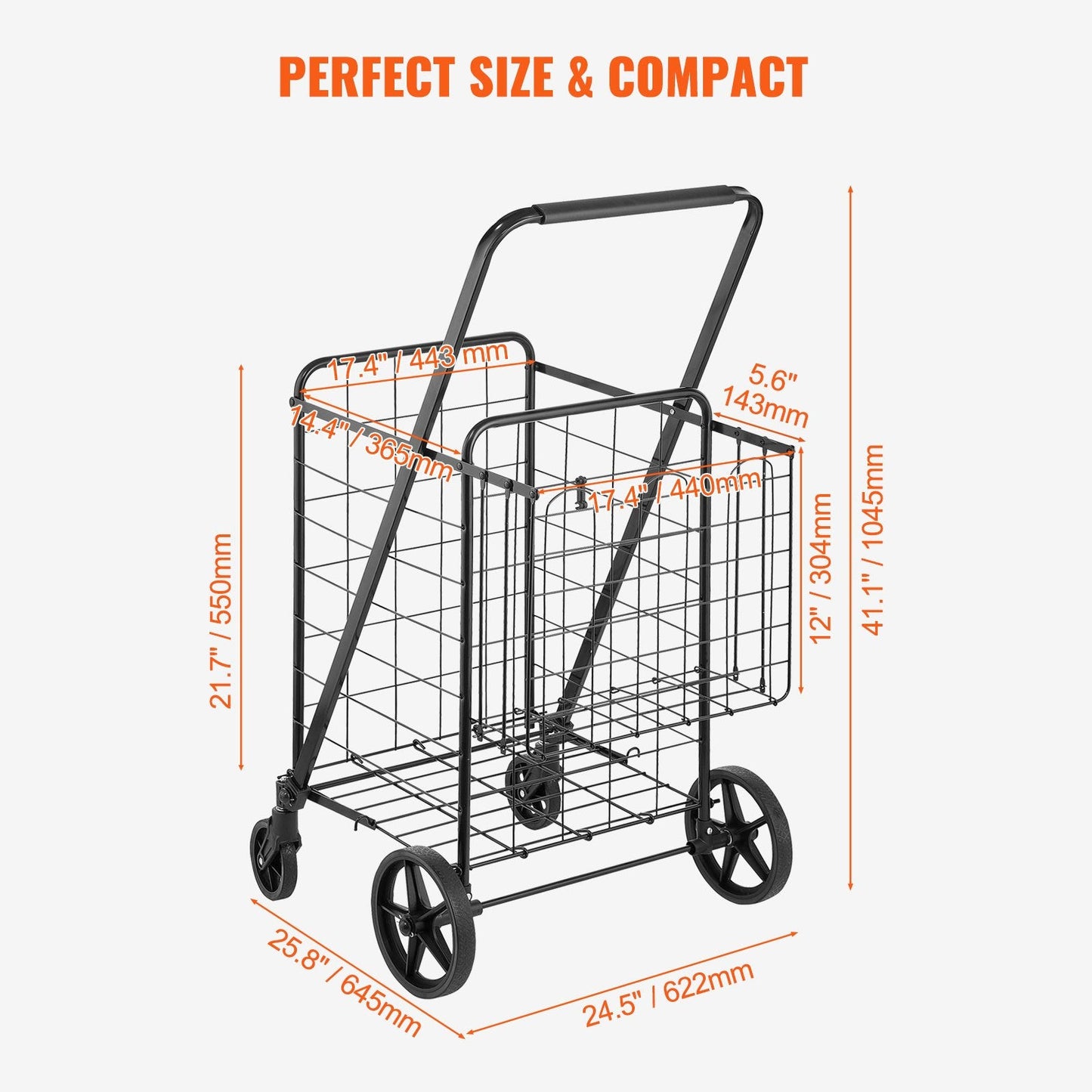 Folding Utility Cart with Double Baskets, 50 kg Capacity, 360° Swivel Wheels