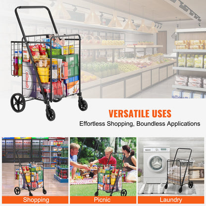VEVOR Folding Shopping Cart, Jumbo Grocery Cart with Double Baskets, 360° Swivel