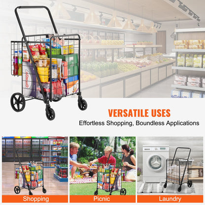 Folding Utility Cart with Double Baskets, 50 kg Capacity, 360° Swivel Wheels