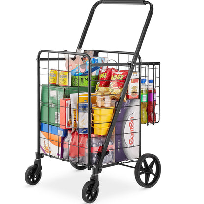 Folding Utility Cart with Double Baskets, 50 kg Capacity, 360° Swivel Wheels