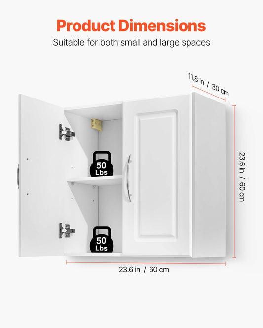 Laundry Room Wall Cabinet, 2-Tier Wall Mounted Hanging Cabinet with Adjustable Shelf, 60 cm Cupboard Storage with 2 Doors, for Kitchen, Bathroom, Laundry, 30 x 60 x 60 cm (D x W x H), White