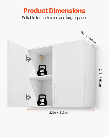 Laundry Room Wall Cabinet, 2-Tier Wall Mounted Hanging Cabinet with Adjustable Shelf, Cupboard Storage with 2 Doors, for Bathroom, Kitchen, Laundry, 40.6 x 81.3 x 61 cm (D x W x H), White