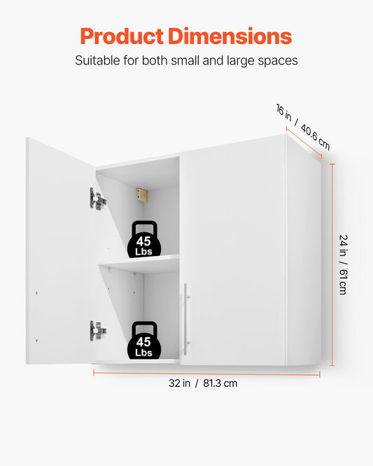 Laundry Room Wall Cabinet, 2-Tier Wall Mounted Hanging Cabinet with Adjustable Shelf, Cupboard Storage with 2 Doors, for Bathroom, Kitchen, Laundry, 40.6 x 81.3 x 61 cm (D x W x H), White