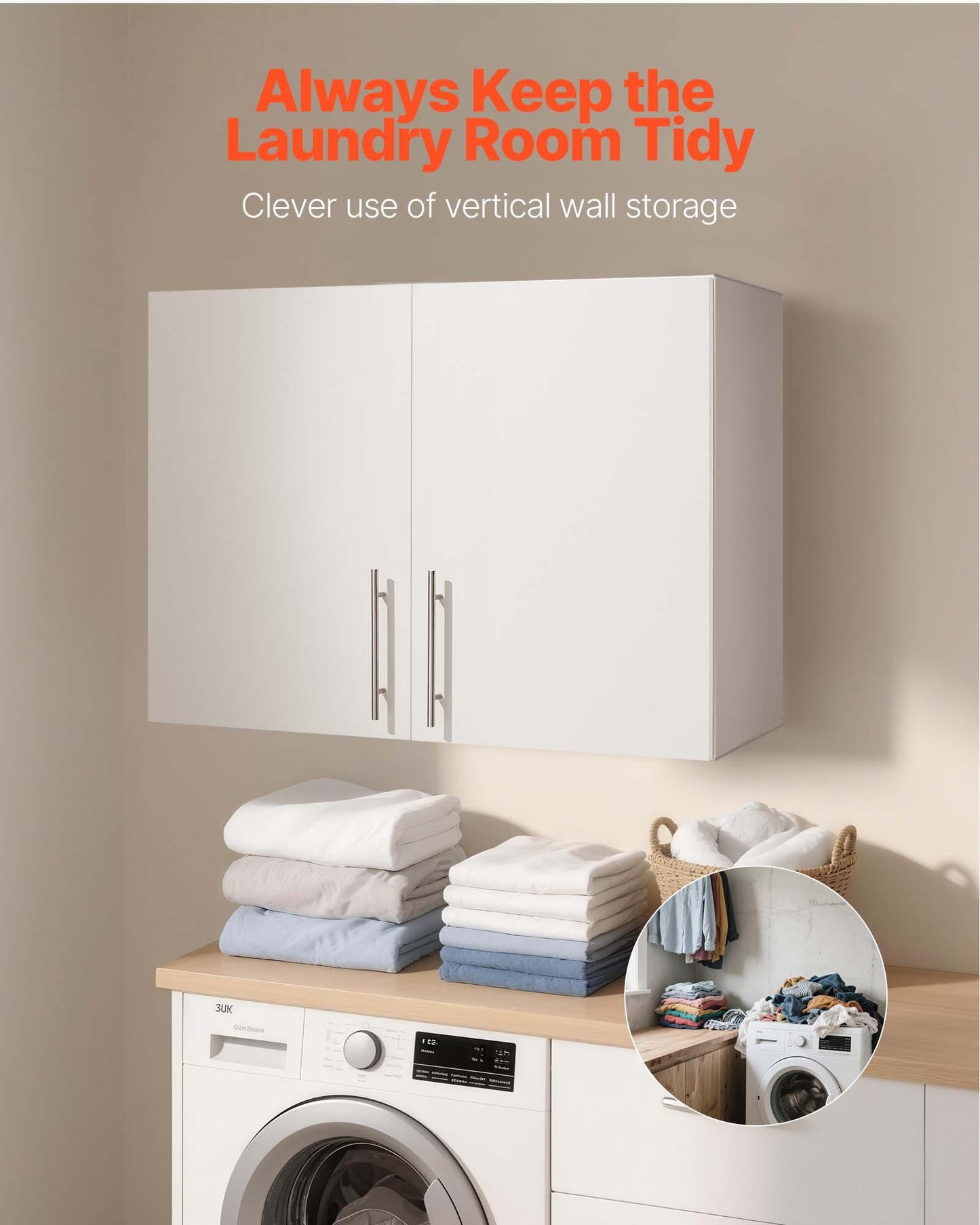 Laundry Room Wall Cabinet, 2-Tier Wall Mounted Hanging Cabinet with Adjustable Shelf, Cupboard Storage with 2 Doors, for Bathroom, Kitchen, Laundry, 40.6 x 81.3 x 61 cm (D x W x H), White