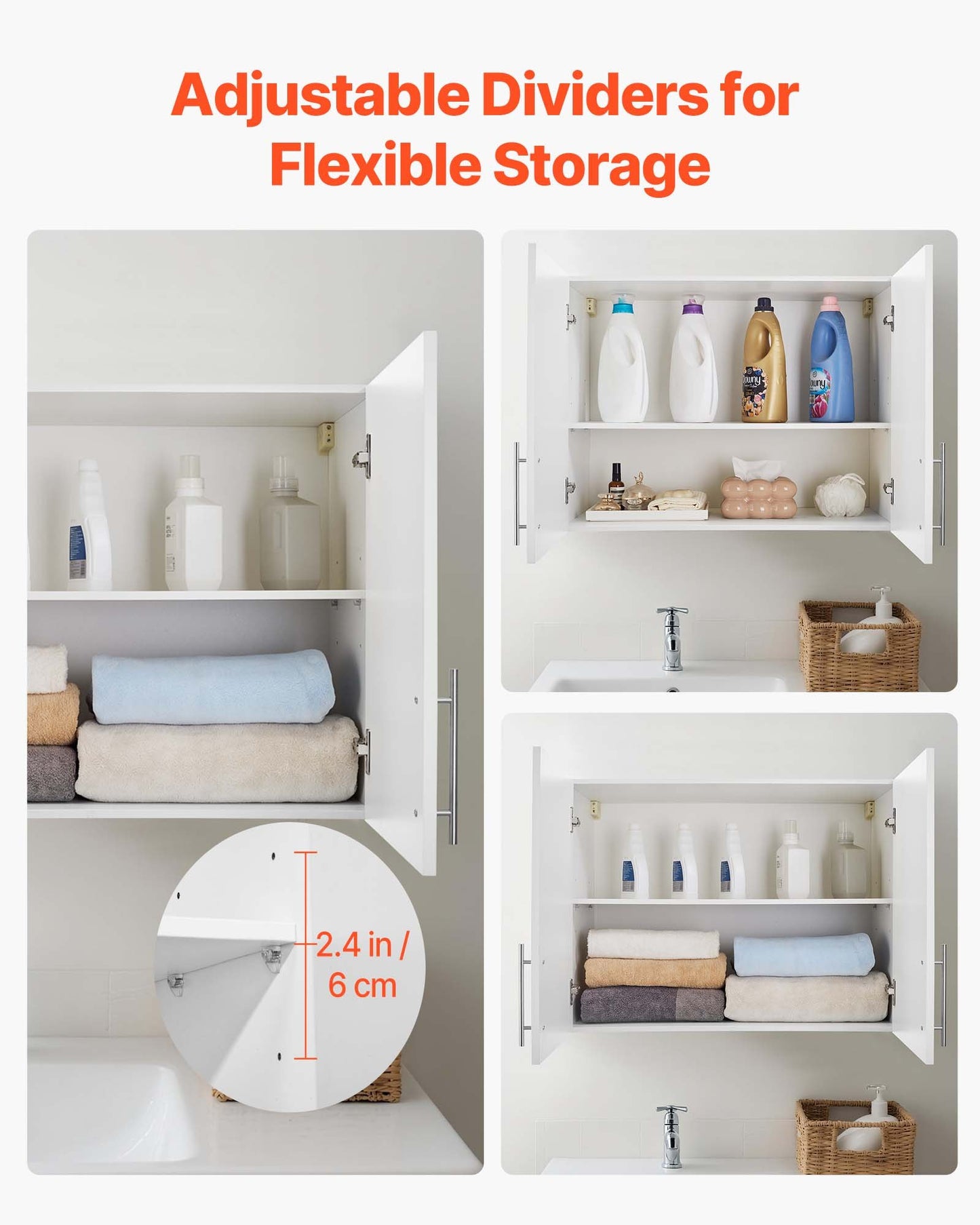 Laundry Room Wall Cabinet, 2-Tier Wall Mounted Hanging Cabinet with Adjustable Shelf, Cupboard Storage with 2 Doors, for Bathroom, Kitchen, Laundry, 40.6 x 81.3 x 61 cm (D x W x H), White