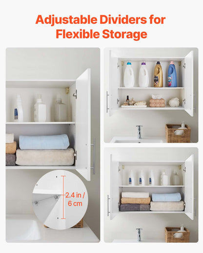 Laundry Room Wall Cabinet, 2-Tier Wall Mounted Hanging Cabinet with Adjustable Shelf, Cupboard Storage with 2 Doors, for Bathroom, Kitchen, Laundry, 40.6 x 81.3 x 61 cm (D x W x H), White
