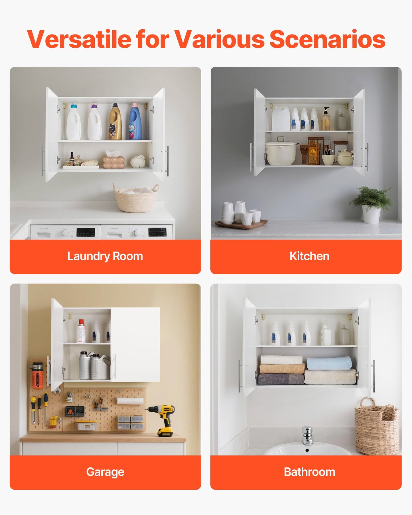 Laundry Room Wall Cabinet, 2-Tier Wall Mounted Hanging Cabinet with Adjustable Shelf, Cupboard Storage with 2 Doors, for Bathroom, Kitchen, Laundry, 40.6 x 81.3 x 61 cm (D x W x H), White