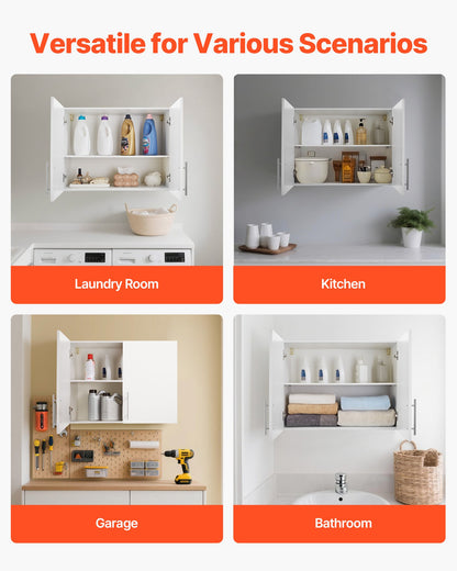 Laundry Room Wall Cabinet, 2-Tier Wall Mounted Hanging Cabinet with Adjustable Shelf, Cupboard Storage with 2 Doors, for Bathroom, Kitchen, Laundry, 40.6 x 81.3 x 61 cm (D x W x H), White