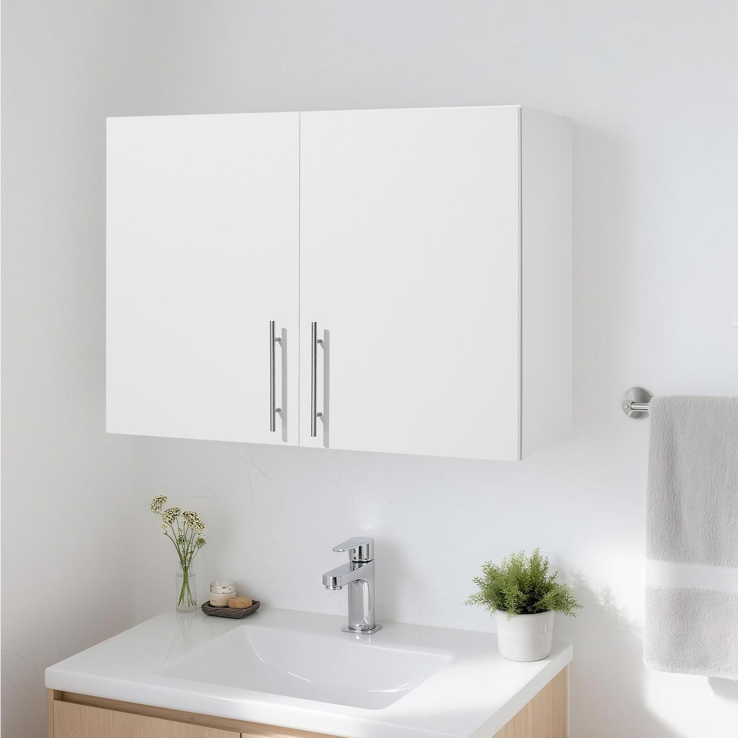 Laundry Room Wall Cabinet, 2-Tier Wall Mounted Hanging Cabinet with Adjustable Shelf, Cupboard Storage with 2 Doors, for Bathroom, Kitchen, Laundry, 40.6 x 81.3 x 61 cm (D x W x H), White