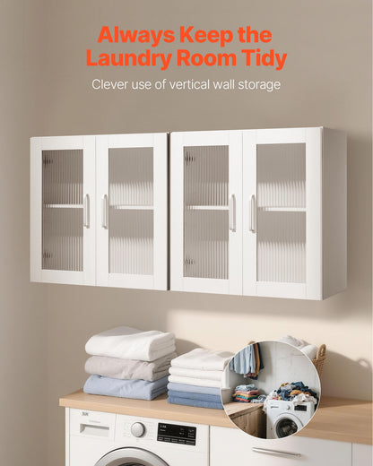 Laundry Room Wall Cabinet, 2-Tier Wall Mounted Cabinet with Adjustable Shelf, Cupboard Storage with 4 Doors, for Kitchen, Bathroom, Laundry, Set of 2, Each 30.5 x 61 x 61 cm (D x W x H), White