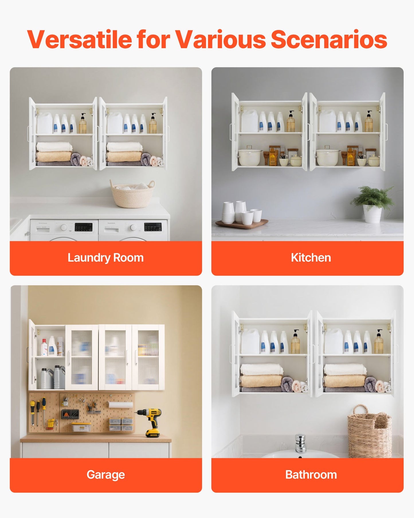Laundry Room Wall Cabinet, 2-Tier Wall Mounted Cabinet with Adjustable Shelf, Cupboard Storage with 4 Doors, for Kitchen, Bathroom, Laundry, Set of 2, Each 30.5 x 61 x 61 cm (D x W x H), White