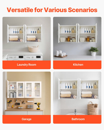 Laundry Room Wall Cabinet, 2-Tier Wall Mounted Cabinet with Adjustable Shelf, Cupboard Storage with 4 Doors, for Kitchen, Bathroom, Laundry, Set of 2, Each 30.5 x 61 x 61 cm (D x W x H), White