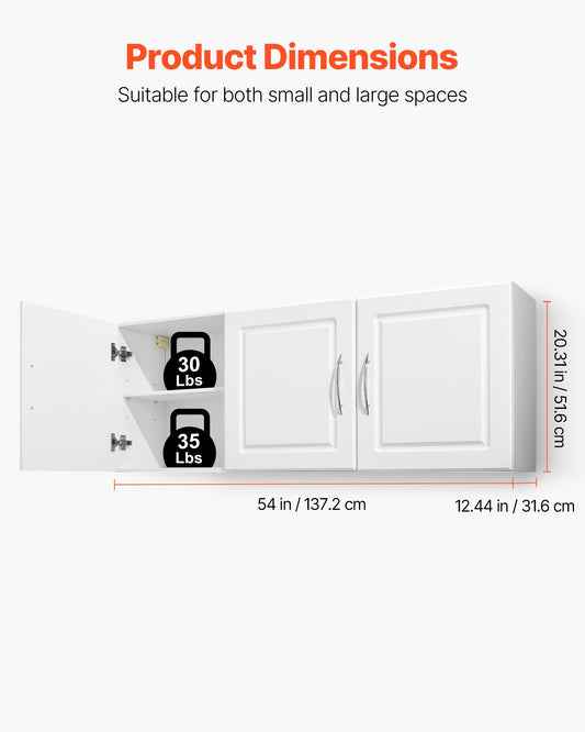 Laundry Room Wall Cabinet, 2-Tier Wall Mounted Hanging Cabinet with Adjustable Shelf, Cupboard Storage with 3 Doors, for Kitchen, Bathroom, Laundry, 31.6 x 137.2 x 51.6 cm (D x W x H), White