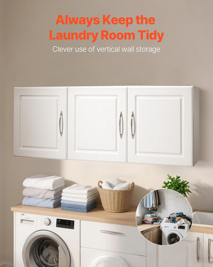 Laundry Room Wall Cabinet, 2-Tier Wall Mounted Hanging Cabinet with Adjustable Shelf, Cupboard Storage with 3 Doors, for Kitchen, Bathroom, Laundry, 31.6 x 137.2 x 51.6 cm (D x W x H), White