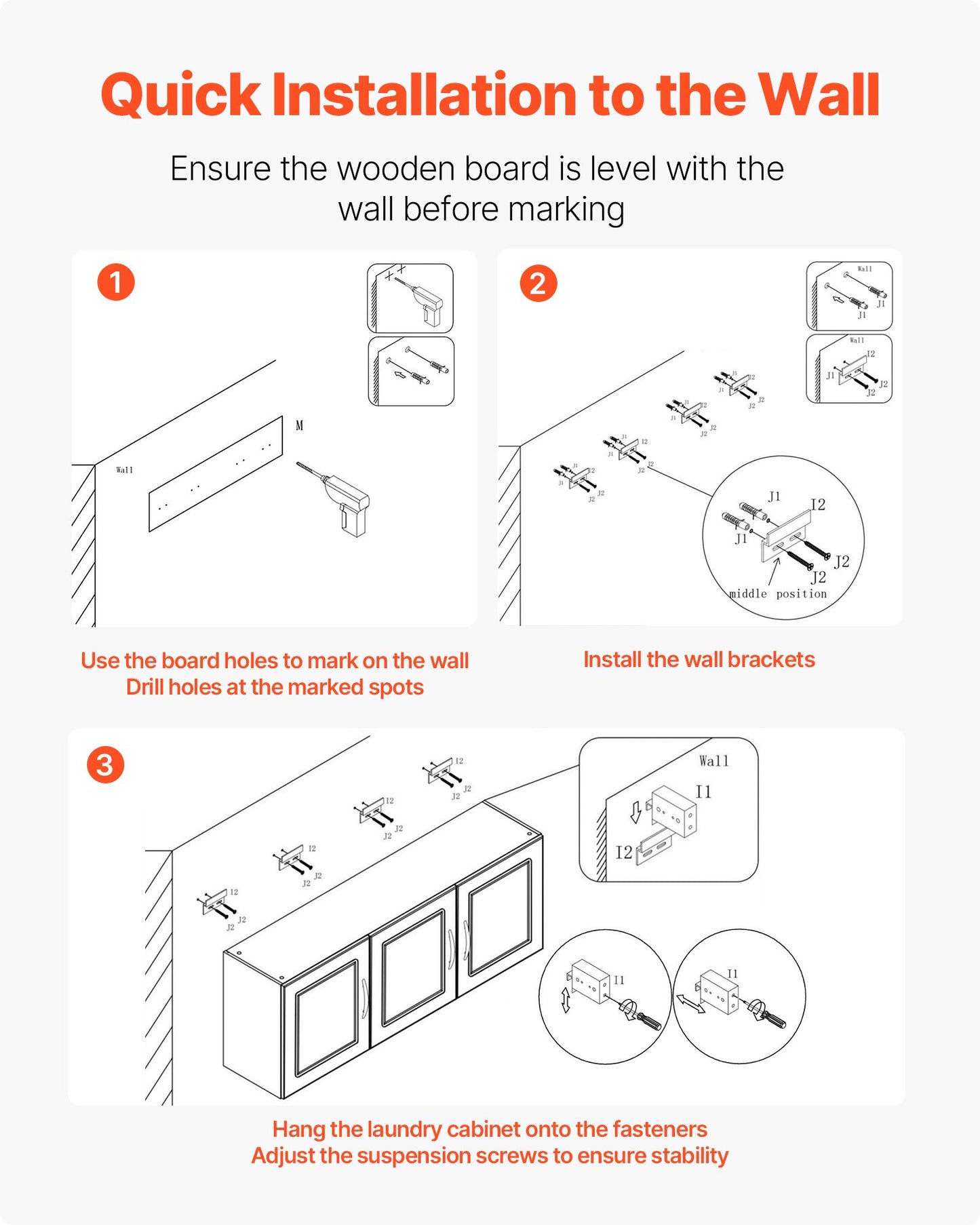 Laundry Room Wall Cabinet, 2-Tier Wall Mounted Hanging Cabinet with Adjustable Shelf, Cupboard Storage with 3 Doors, for Kitchen, Bathroom, Laundry, 31.6 x 137.2 x 51.6 cm (D x W x H), White