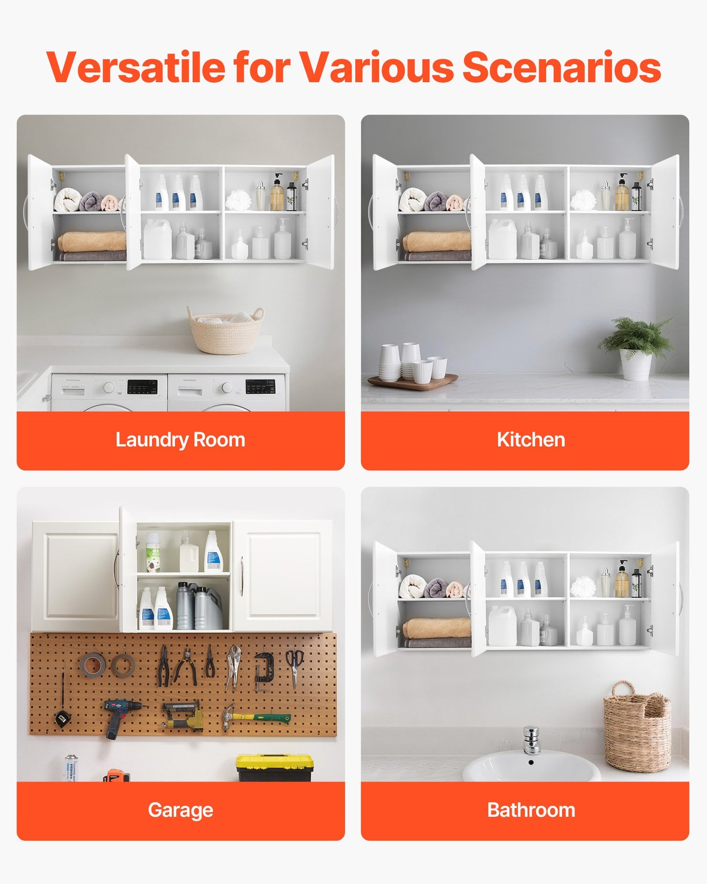Laundry Room Wall Cabinet, 2-Tier Wall Mounted Hanging Cabinet with Adjustable Shelf, Cupboard Storage with 3 Doors, for Kitchen, Bathroom, Laundry, 31.6 x 137.2 x 51.6 cm (D x W x H), White