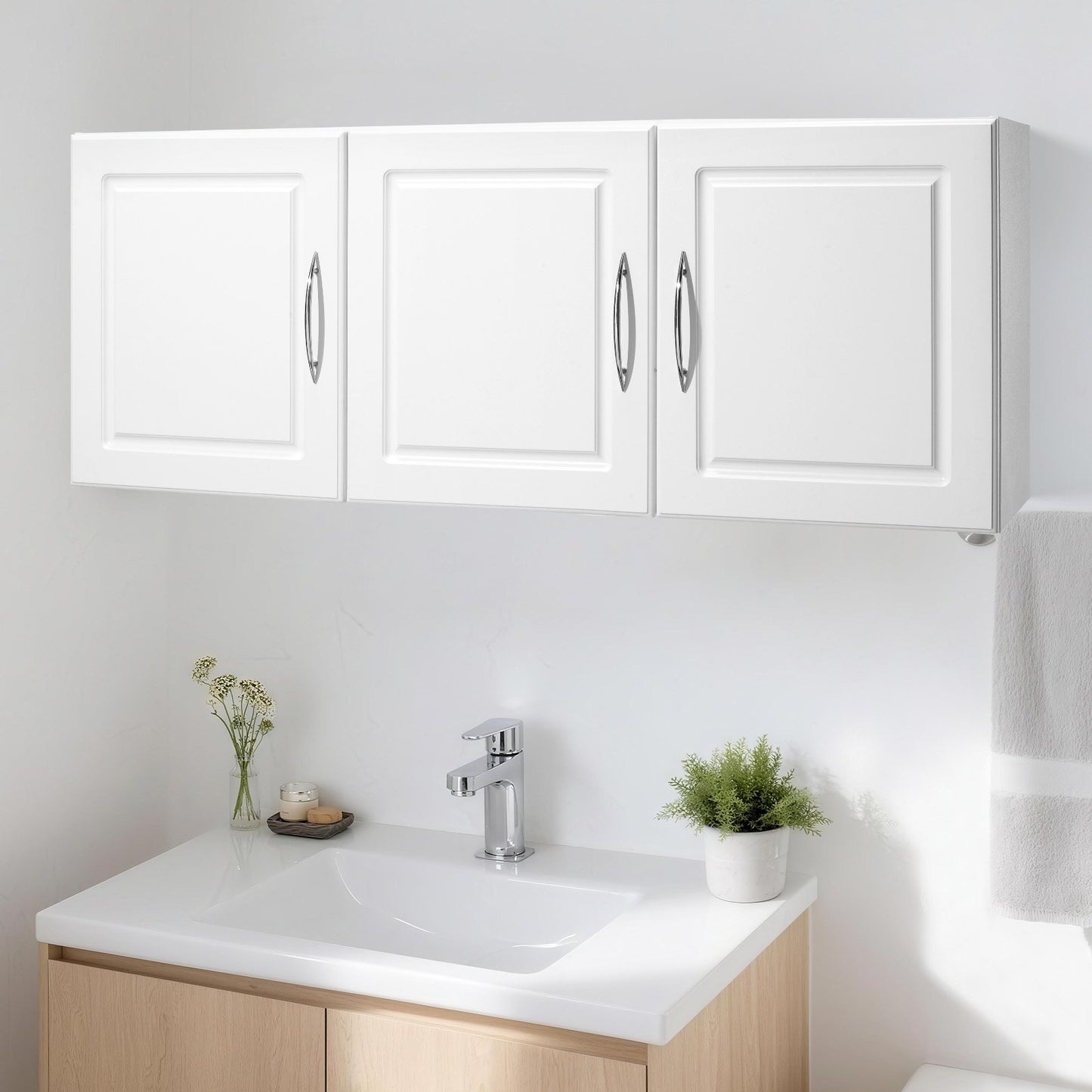 Laundry Room Wall Cabinet, 2-Tier Wall Mounted Hanging Cabinet with Adjustable Shelf, Cupboard Storage with 3 Doors, for Kitchen, Bathroom, Laundry, 31.6 x 137.2 x 51.6 cm (D x W x H), White