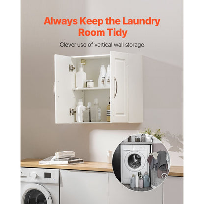 VEVOR 60 cm Laundry Room Wall Cabinet 2-Tier Kitchen Cupboard with 2 Doors White