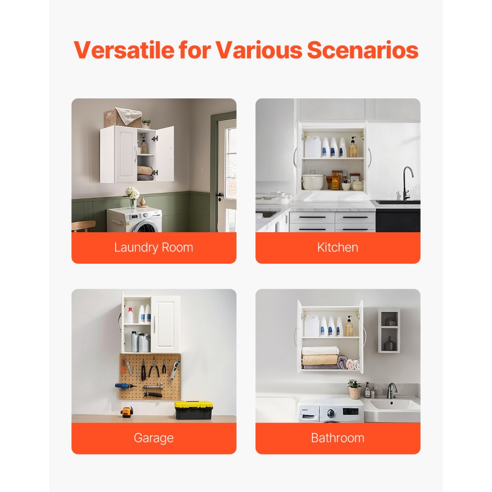 VEVOR 60 cm Laundry Room Wall Cabinet 2-Tier Kitchen Cupboard with 2 Doors White