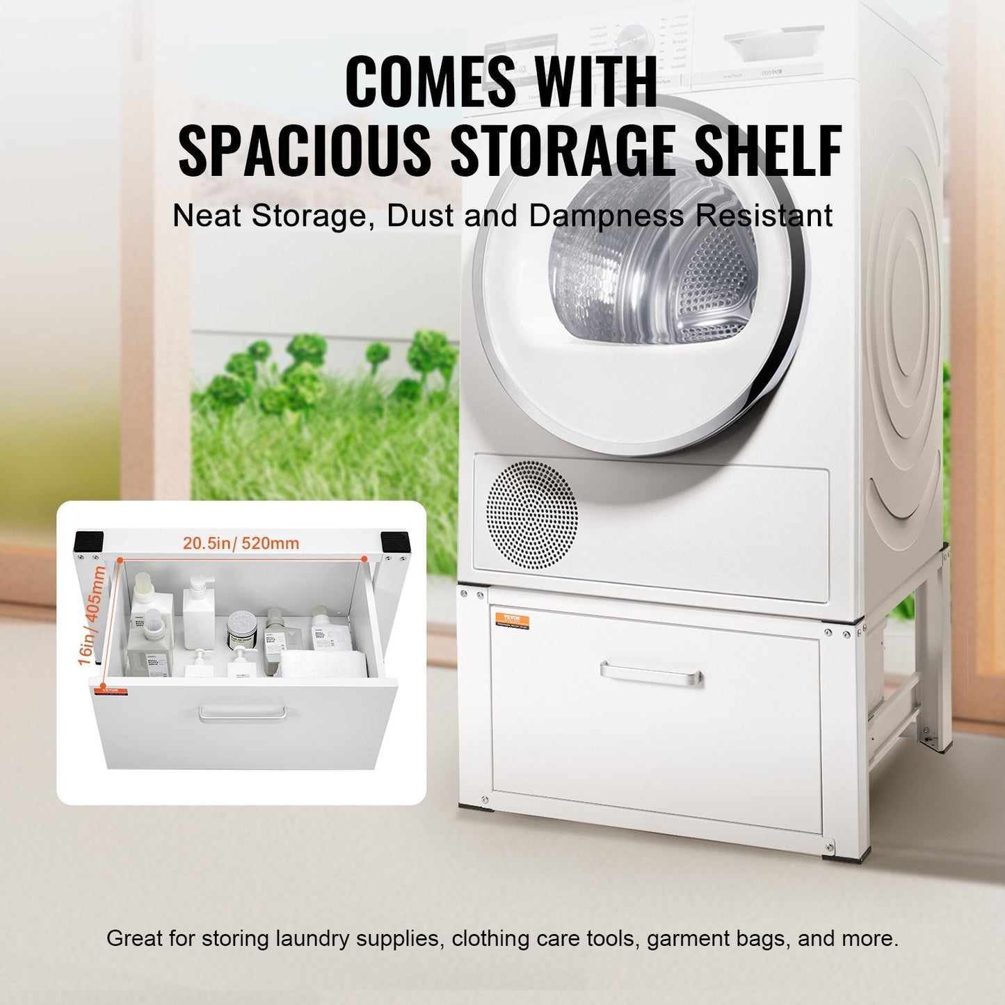 Universal Washer & Dryer Pedestal with Storage, 299kg Capacity, 0.686mW x 0.366mH