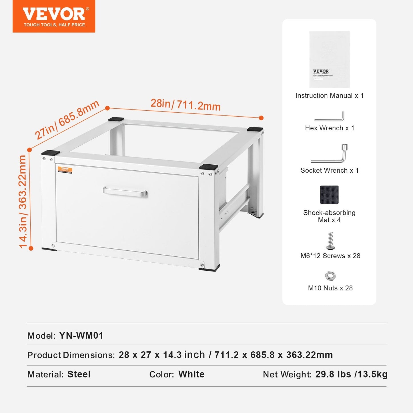 Universal Washer & Dryer Pedestal with Storage, 299kg Capacity, 0.686mW x 0.366mH