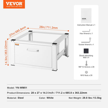 Universal Washer & Dryer Pedestal with Storage, 299kg Capacity, 0.686mW x 0.366mH