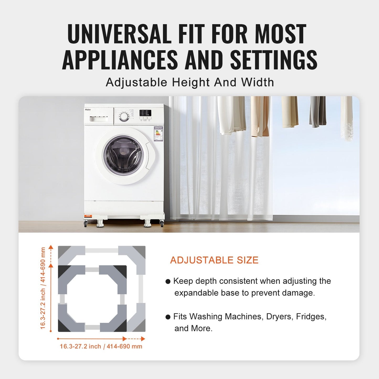Adjustable Universal Pedestal Stand for Appliances, 0.41-0.69m Wide with Casters