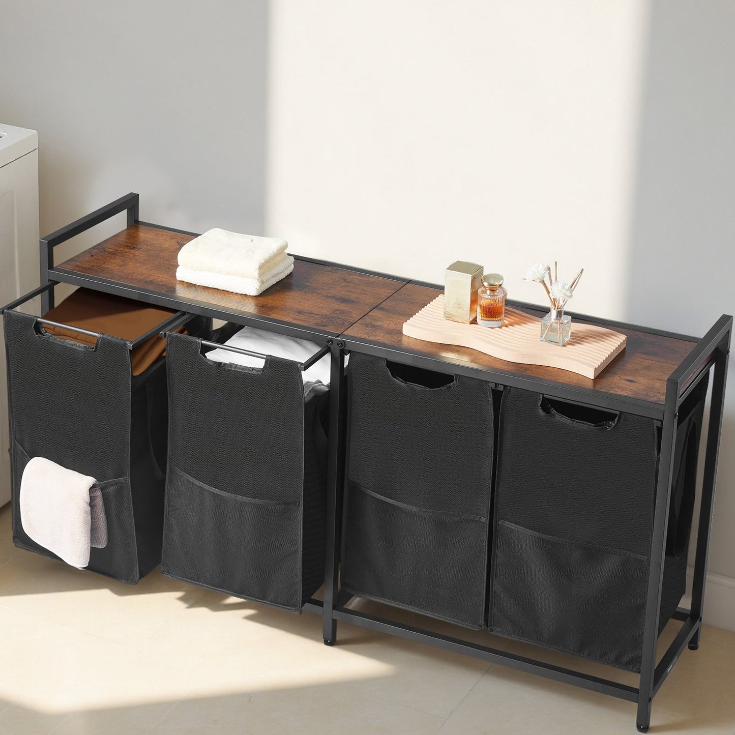 4 Section Laundry Sorter, Large Laundry Hamper with Metal Frame and Wooden Tabletop, Freestanding Storage Organizer Baskets with Pull-Out 600D Oxford Cloth Bags for Dirty Clothes, Bathroom