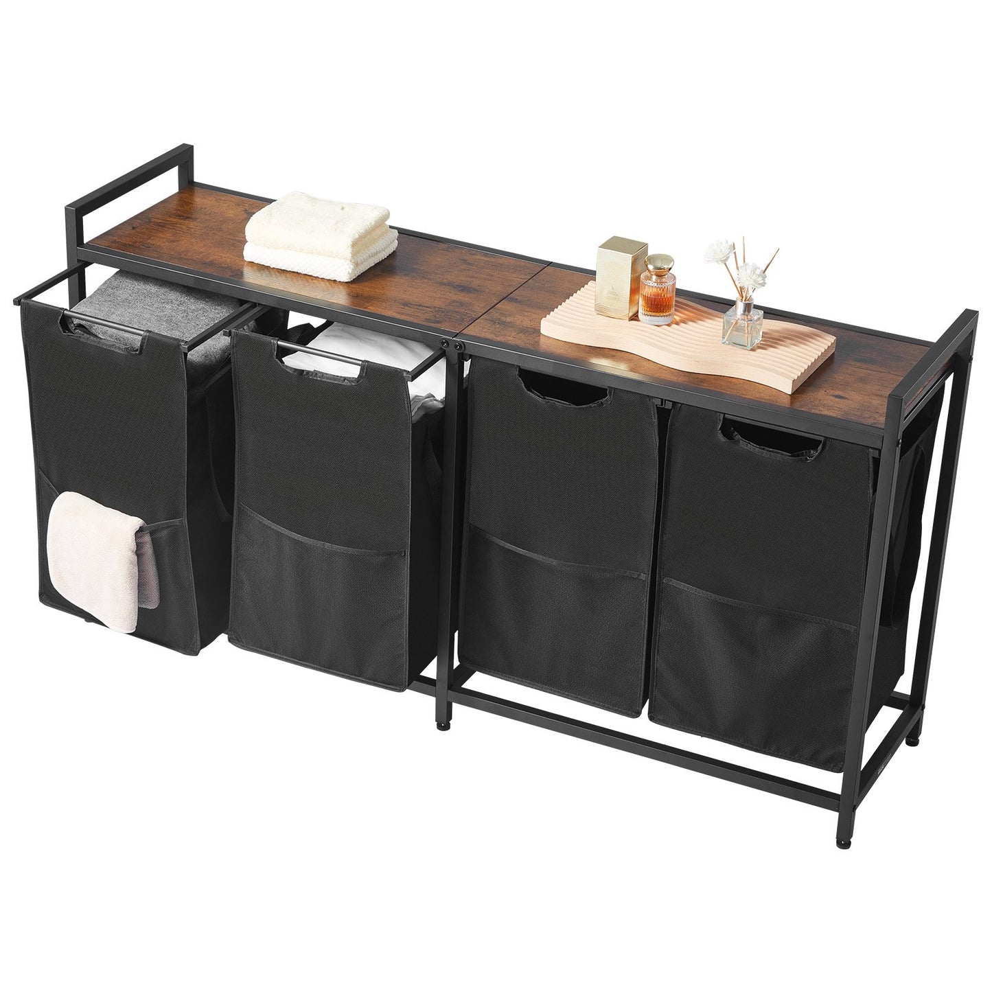 4 Section Laundry Sorter, Large Laundry Hamper with Metal Frame and Wooden Tabletop, Freestanding Storage Organizer Baskets with Pull-Out 600D Oxford Cloth Bags for Dirty Clothes, Bathroom