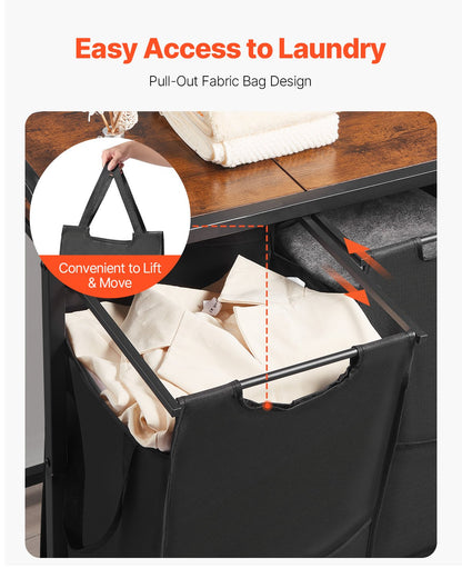 3 Section Laundry Sorter, Large Laundry Hamper with Metal Frame and Wooden Tabletop, Freestanding Storage Organizer Baskets with Pull-Out 600D Oxford Cloth Bags for Dirty Clothes, Bathroom