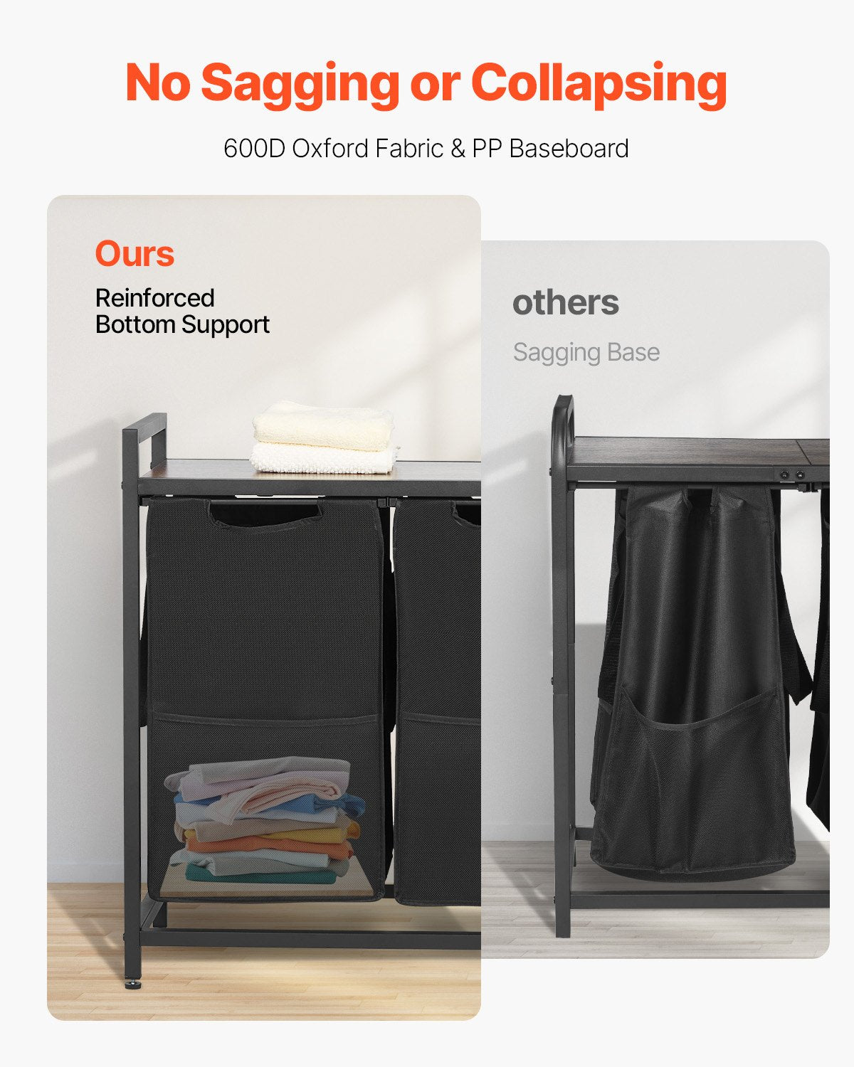 3 Section Laundry Sorter, Large Laundry Hamper with Metal Frame and Wooden Tabletop, Freestanding Storage Organizer Baskets with Pull-Out 600D Oxford Cloth Bags for Dirty Clothes, Bathroom