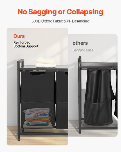 3 Section Laundry Sorter, Large Laundry Hamper with Metal Frame and Wooden Tabletop, Freestanding Storage Organizer Baskets with Pull-Out 600D Oxford Cloth Bags for Dirty Clothes, Bathroom