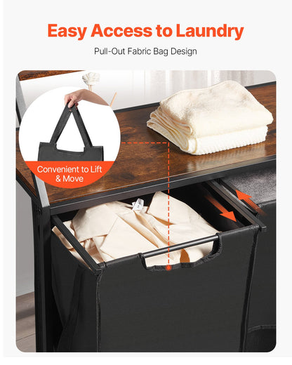2 Tiers Laundry Sorter, Tall Laundry Hamper with Metal Frame and Wooden Tabletop, 3 Section Rolling Basket Organizer Storage with Ladder Shelves and 600D Oxford Cloth Bags for Dirty Clothes