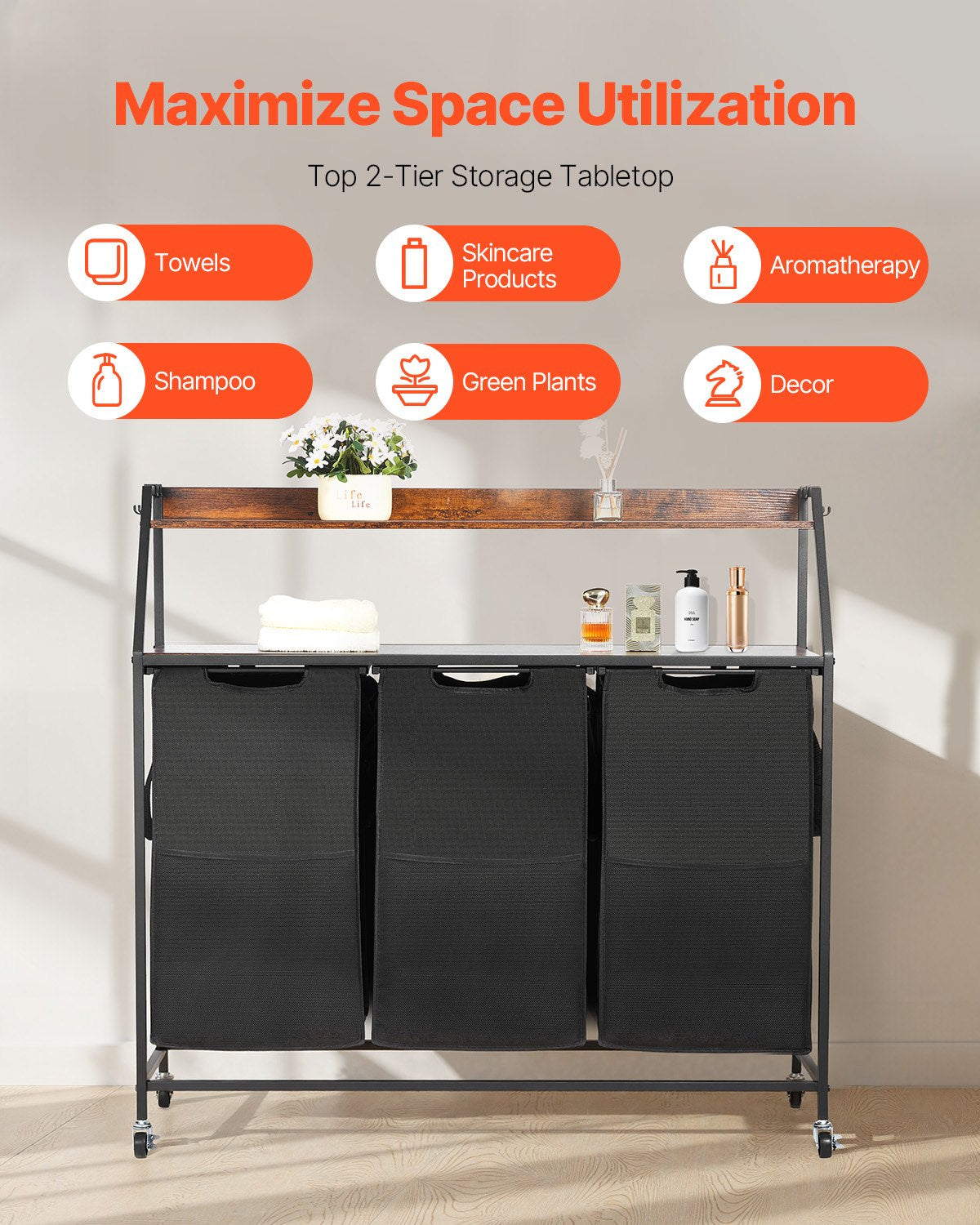 2 Tiers Laundry Sorter, Tall Laundry Hamper with Metal Frame and Wooden Tabletop, 3 Section Rolling Basket Organizer Storage with Ladder Shelves and 600D Oxford Cloth Bags for Dirty Clothes
