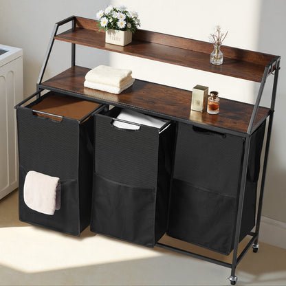 2 Tiers Laundry Sorter, Tall Laundry Hamper with Metal Frame and Wooden Tabletop, 3 Section Rolling Basket Organizer Storage with Ladder Shelves and 600D Oxford Cloth Bags for Dirty Clothes