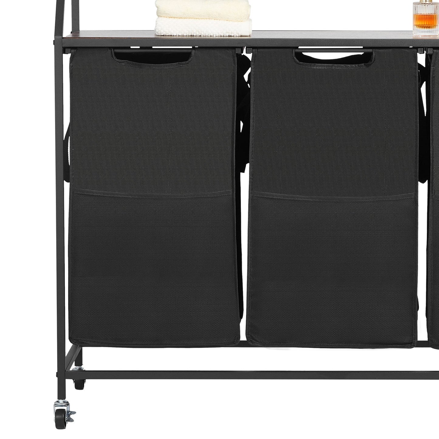 2 Tiers Laundry Sorter, Tall Laundry Hamper with Metal Frame and Wooden Tabletop, 3 Section Rolling Basket Organizer Storage with Ladder Shelves and 600D Oxford Cloth Bags for Dirty Clothes