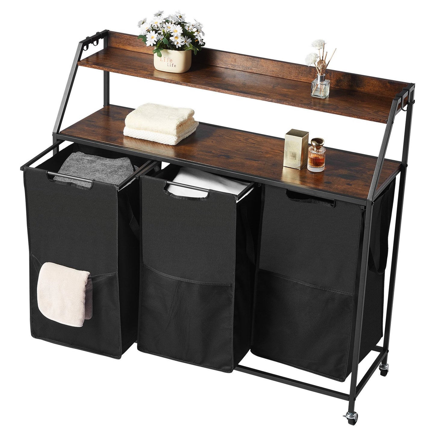 2 Tiers Laundry Sorter, Tall Laundry Hamper with Metal Frame and Wooden Tabletop, 3 Section Rolling Basket Organizer Storage with Ladder Shelves and 600D Oxford Cloth Bags for Dirty Clothes