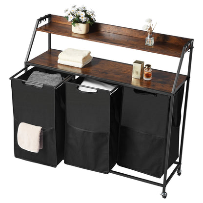 2 Tiers Laundry Sorter, Tall Laundry Hamper with Metal Frame and Wooden Tabletop, 3 Section Rolling Basket Organizer Storage with Ladder Shelves and 600D Oxford Cloth Bags for Dirty Clothes