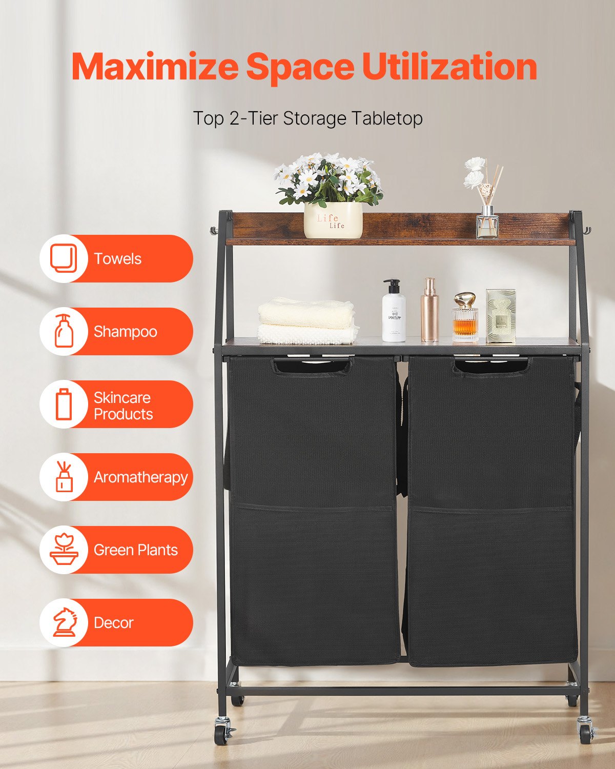 2 Tiers Laundry Sorter, Tall Laundry Hamper with Metal Frame and Wooden Tabletop, 2 Section Rolling Basket Organizer Storage with Ladder Shelves and 600D Oxford Cloth Bags for Dirty Clothes