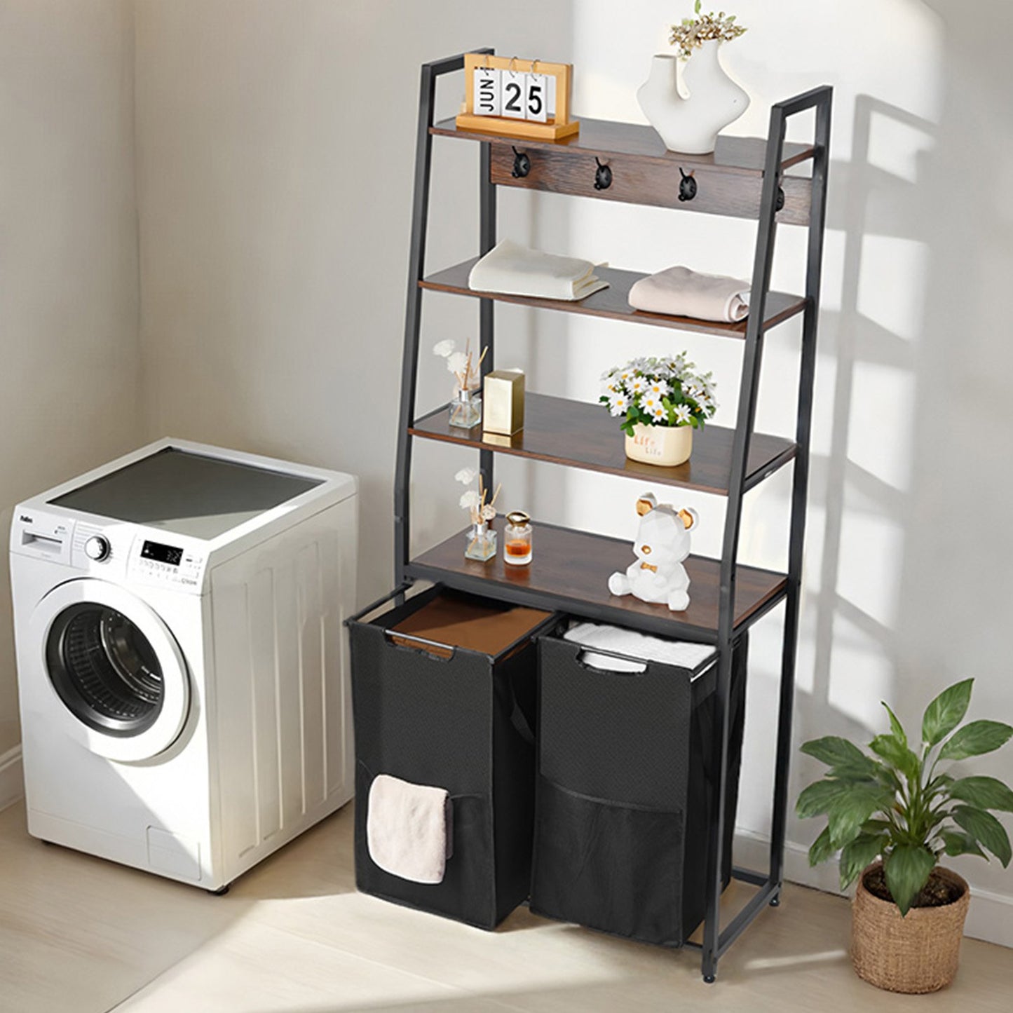 4 Tiers Laundry Sorter, Tall Laundry Hamper with Shelves and Hooks, 2 Section Freestanding Basket Organizer Storage with 600D Oxford Cloth Bags and Ladder Shelves for Dirty Clothes, Bathroom