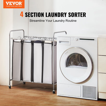 4-Section Laundry Cart with Lockable Wheels and Removable Bags, 0.76x0.41x0.87m