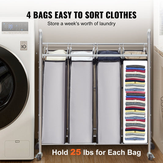 4-Section Laundry Cart with Lockable Wheels and Removable Bags, 0.76x0.41x0.87m