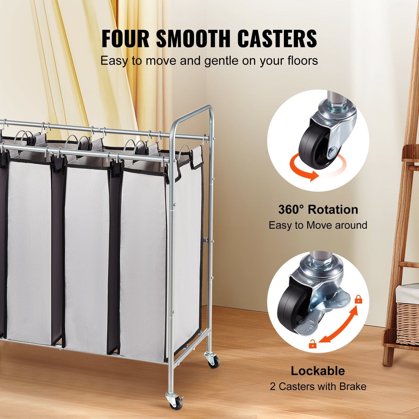4-Section Laundry Cart with Lockable Wheels and Removable Bags, 0.76x0.41x0.87m