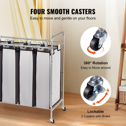 VEVOR Laundry Sorter Cart 4 Section, Laundry Hamper with Heavy Duty Lockable Wheels