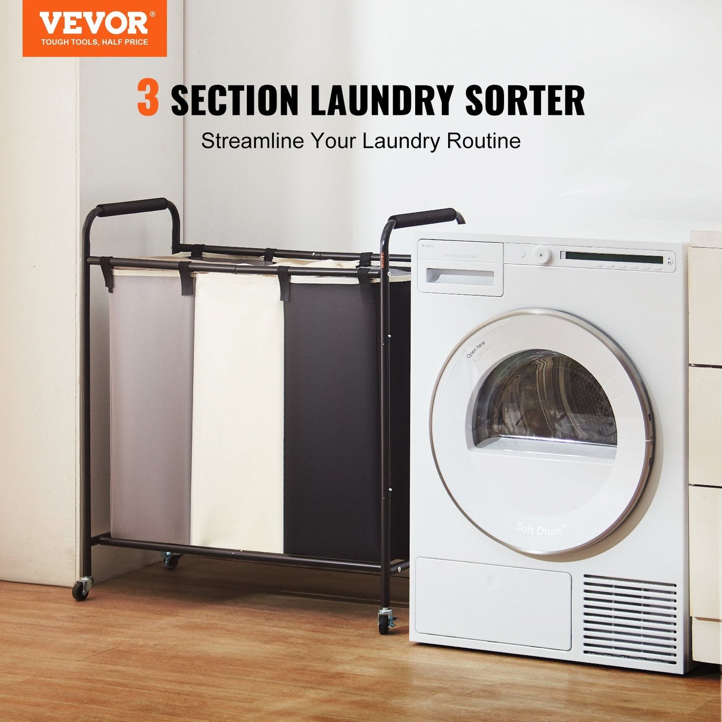 3-Section Heavy Duty Laundry Sorter Cart with Lockable Wheels, 0.04m Diameter